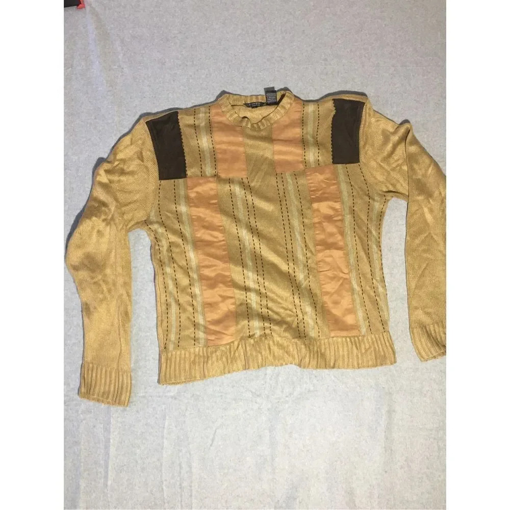 Mens Gusto Sweater Size Medium Brown Gold Colorblock Stripes Vintage Patchwork